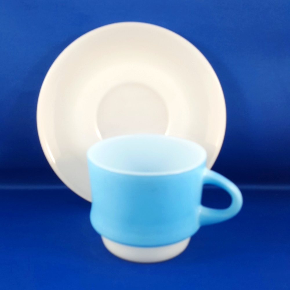 VTG Fire-King BLUE MOSAIC Cup Saucer set by Anchor Hocking, USA, 1960s